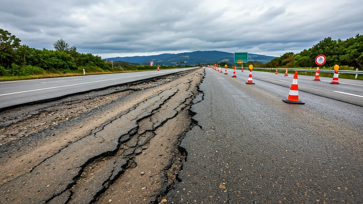 Imaxe da autovía A-52 con numerosos baches e fochancas.