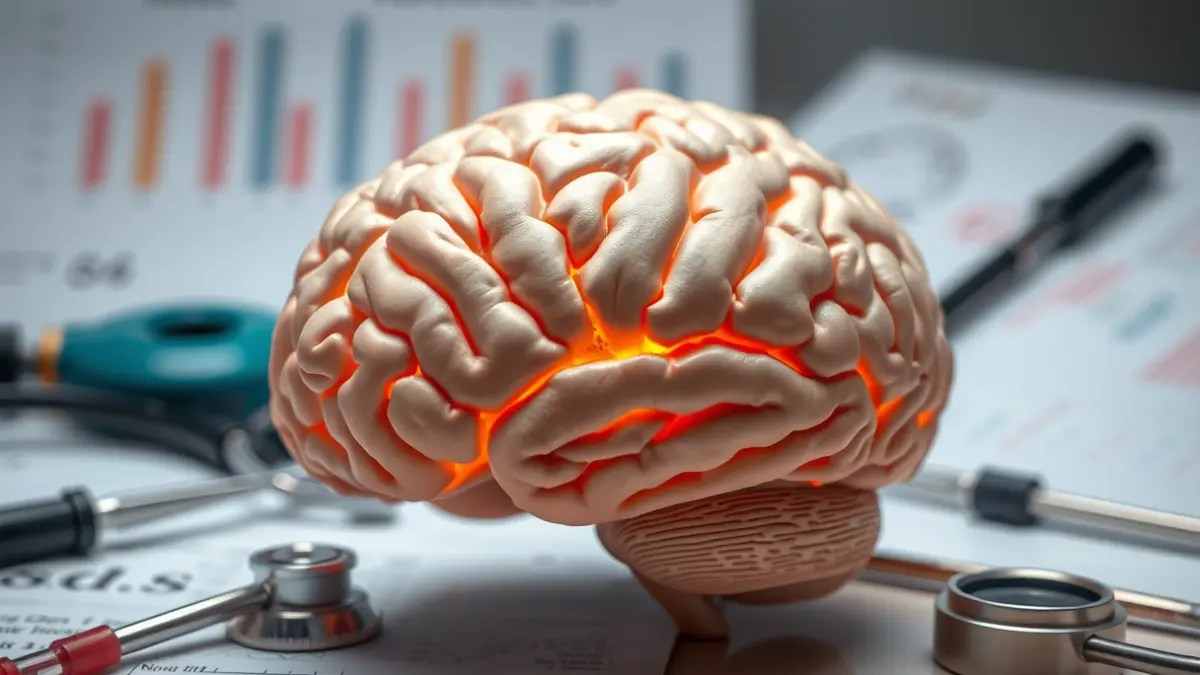 Imaxe xenérica dun modelo de cerebro humano con áreas resaltadas, rodeado de instrumentos médicos