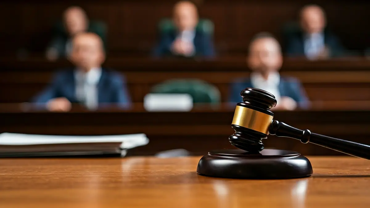 Imaxe xenérica dun mazo de madeira sobre unha mesa nunha sala de plenos.