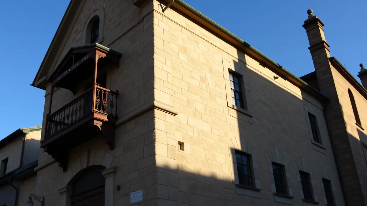 Fachada de pedra dun edificio histórico en Ares, Galicia, baixo a luz do sol da tarde.