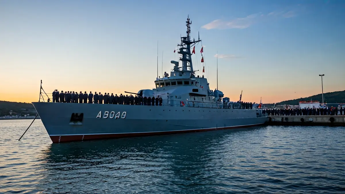 O patrulleiro 'Arnomendi' da Armada atracado no porto de Burela ao anoitecer.