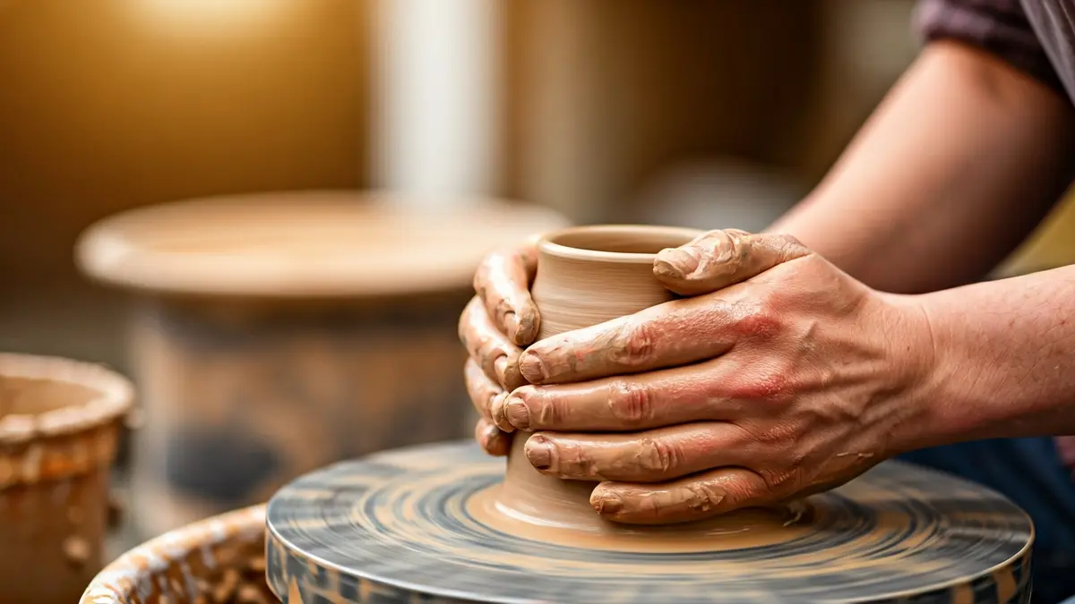 Imagen genérica de manos trabajando con arcilla en un torno de alfarero, en un taller artesano.