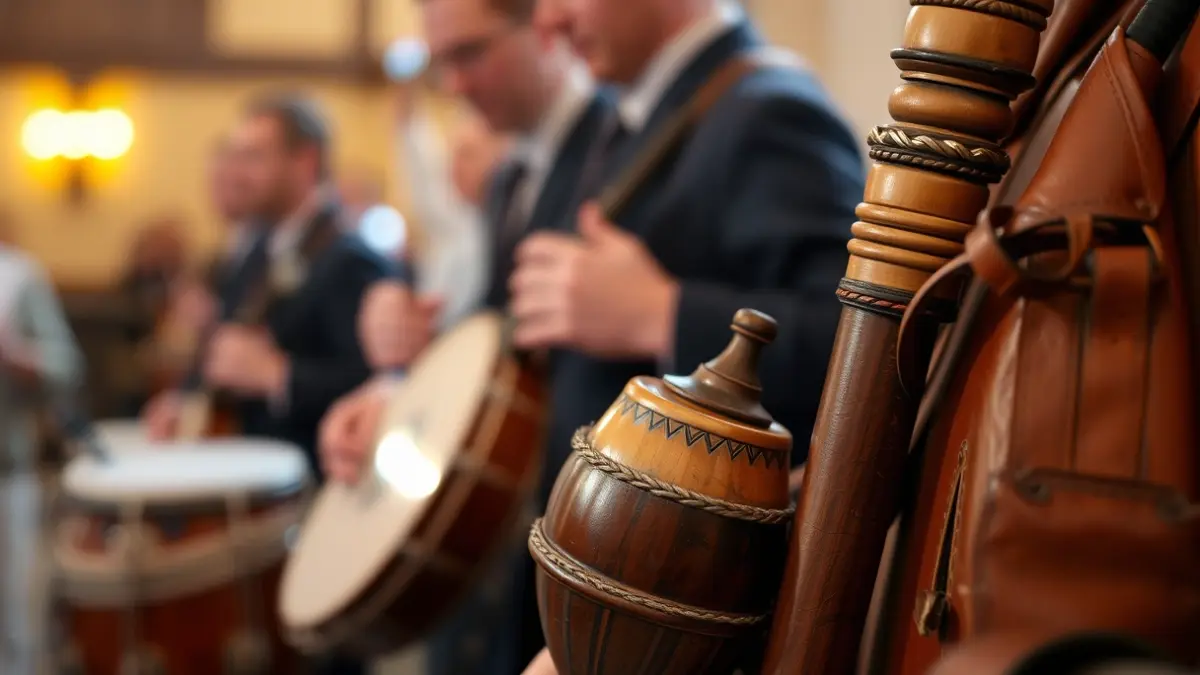 Imaxe dunha gaita galega, con instrumentos de percusión tradicionais ao fondo.