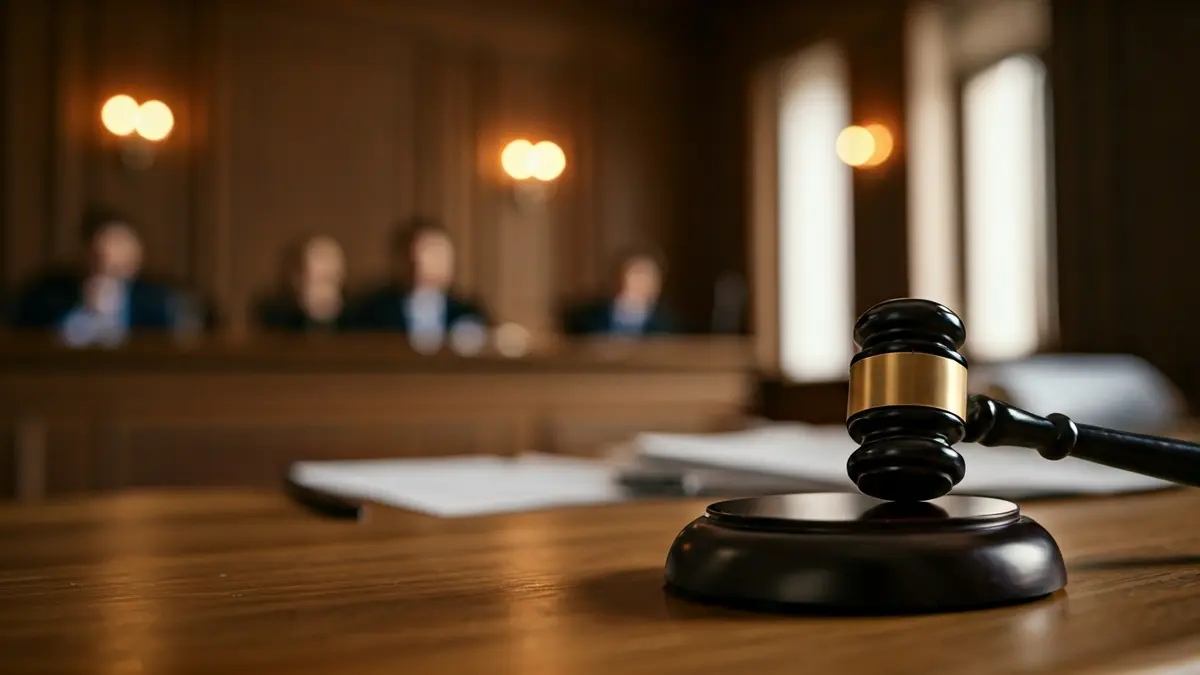 Imaxe xenérica dun mazo de xuíz sobre unha mesa de madeira nun xulgado.