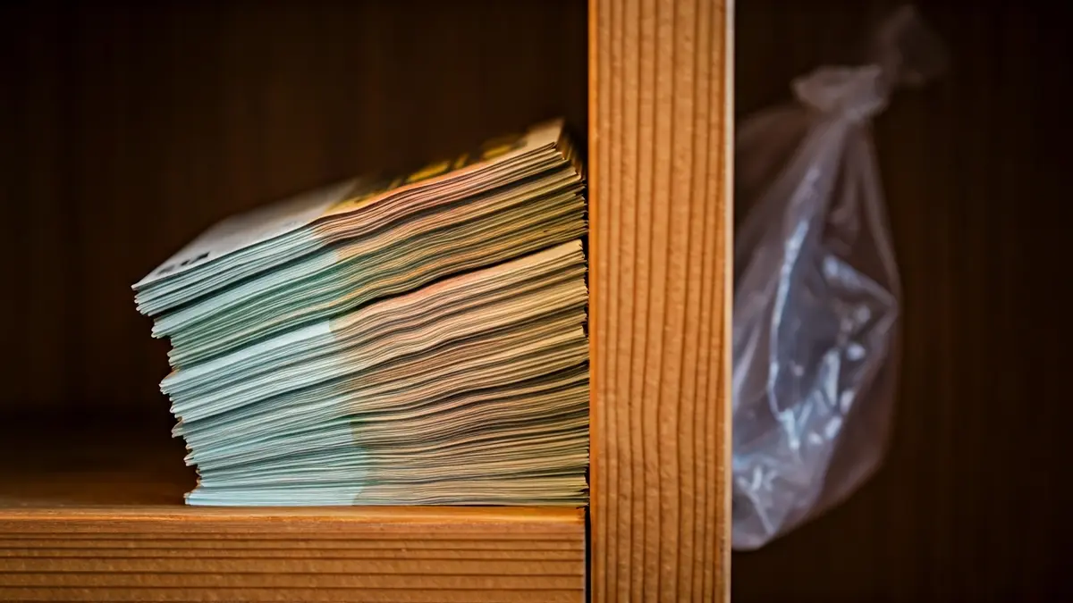 Imaxe dunha pila de billetes de euro escondidos detrás dunha estantería.