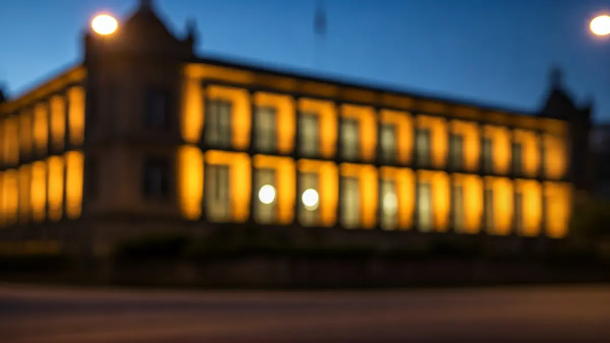 Imaxe xenérica da fachada dun xulgado ao anoitecer, con luces cálidas nas fiestras.