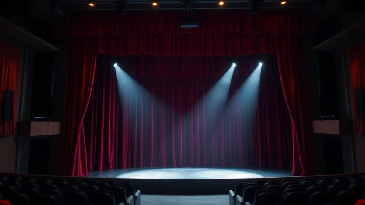 Imagen genérica de un escenario de teatro vacío con cortinas rojas y focos.