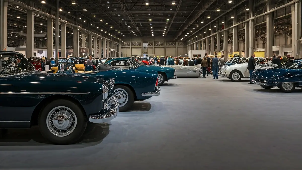 Imaxe dun salón de vehículos clásicos con coches antigos expostos.