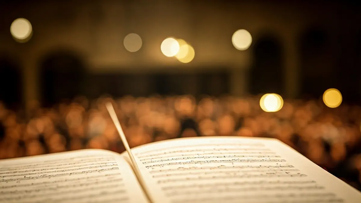 Imaxe xenérica dunha batuta sobre unha partitura musical.