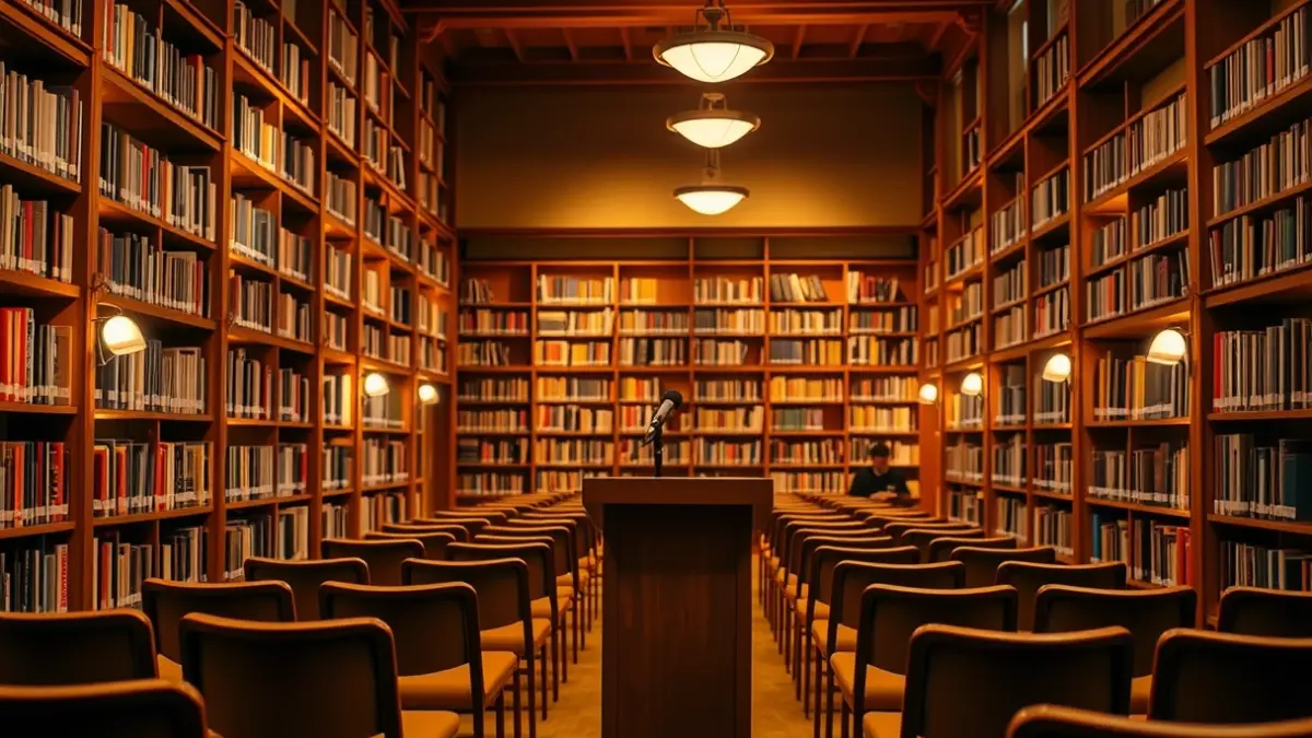 Imagen genérica de una biblioteca moderna con estantes llenos de libros y espacios de lectura.