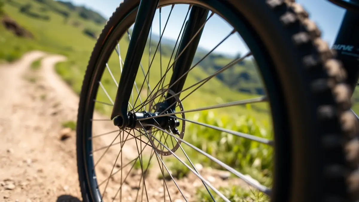 Imaxe xenérica dunha roda de bicicleta de montaña nun camiño de terra.