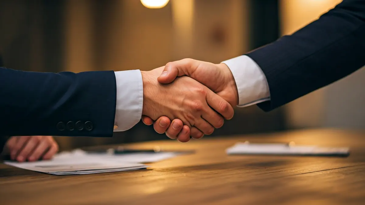 Imaxe xenérica de mans estreitándose sobre unha mesa, simbolizando colaboración empresarial.