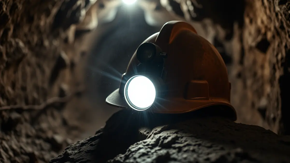 Imagen genérica de un casco de minero en un túnel de mina.