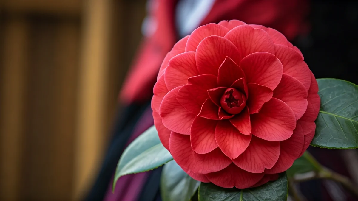 Imaxe dunha camelia vermella con pétalos grandes, sobre un fondo de tecido de traxe tradicional galego.