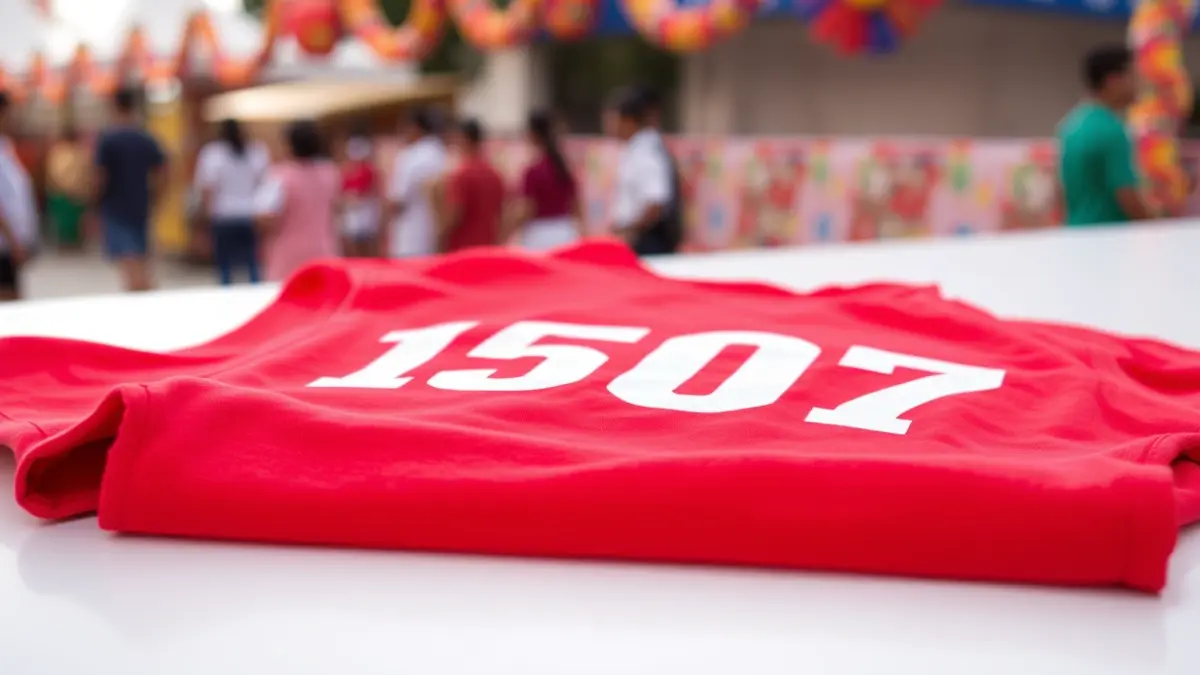Imagen de una camiseta roja y blanca con el número 15707, símbolo de las fiestas de Fontiñas.