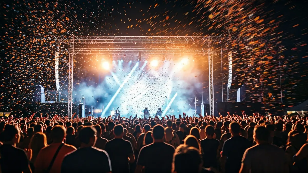 Imaxe xenérica dun festival de música con público e confeti.