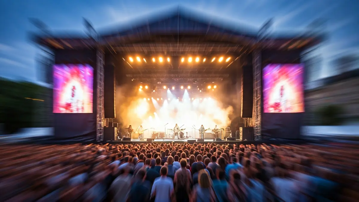 Imaxe xenérica dun escenario de festival de música con luces borrosas e movemento.