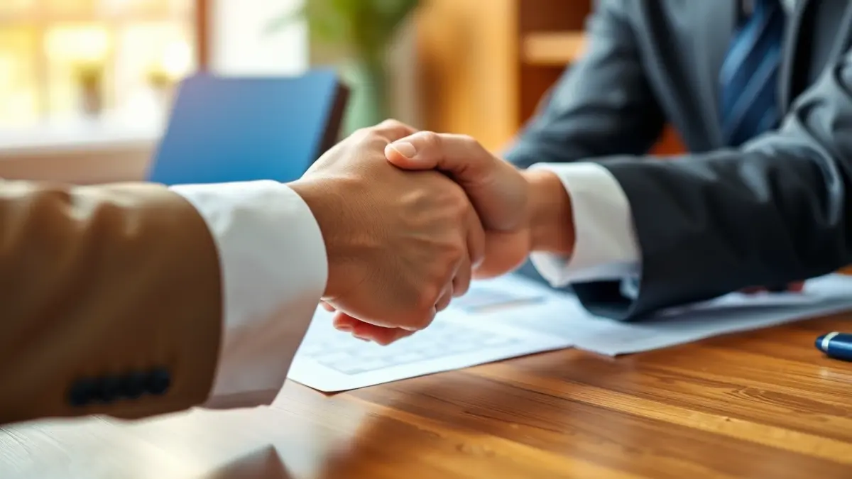 Imaxe xenérica de mans estreitándose nun ambiente de oficina, simbolizando acordos empresariais.