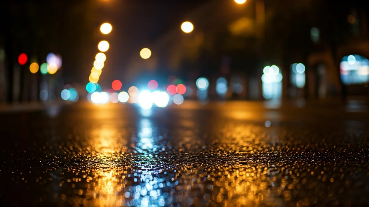 Imagen genérica de calle mojada por la lluvia en una ciudad de noche.