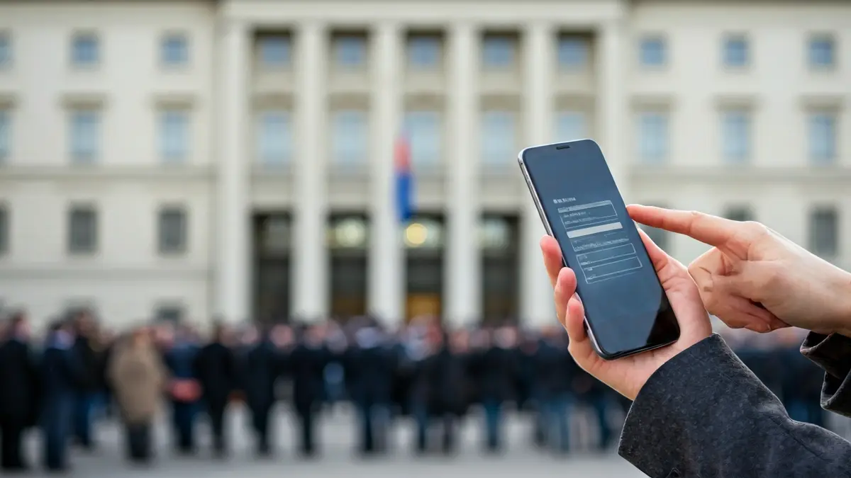 Imaxe xenérica de mans interactuando cun dispositivo móbil fronte a un edificio administrativo.