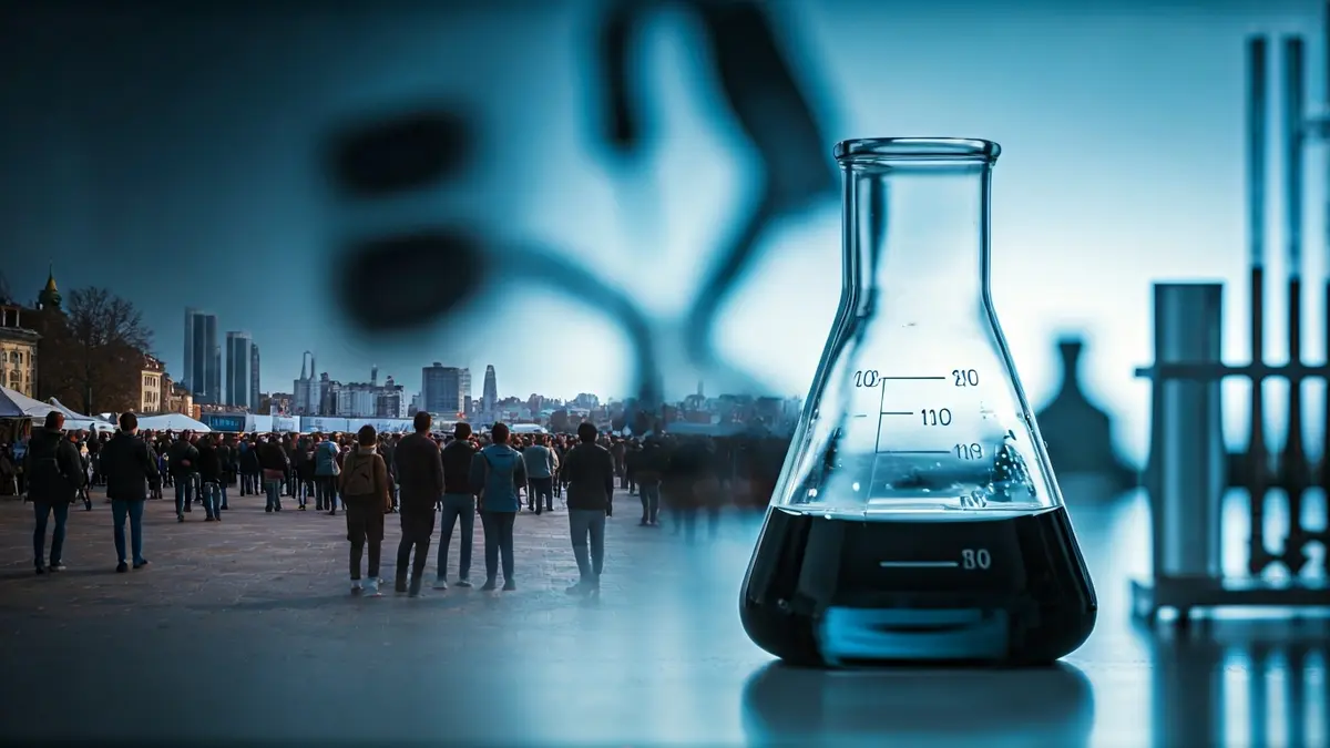 Imagen genérica de un vaso de laboratorio con líquido oscuro, simbolizando el análisis de aguas residuales.
