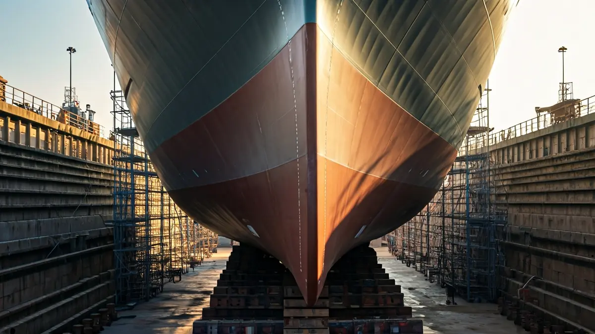 Imaxe dun estaleiro de Navantia en Ferrol, con barcos en construción.