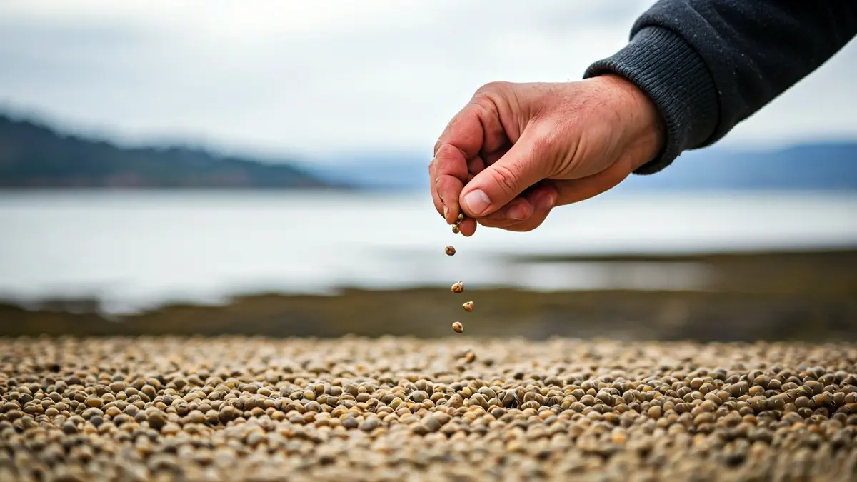 Imaxe dunha man sementando sementes de ameixa nun banco de area.