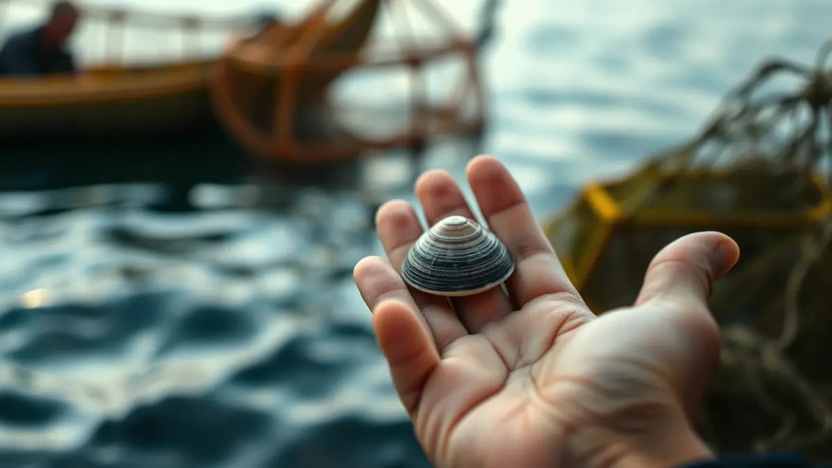 Imagen de una mano sosteniendo una almeja, con redes de pesca y el mar de fondo.