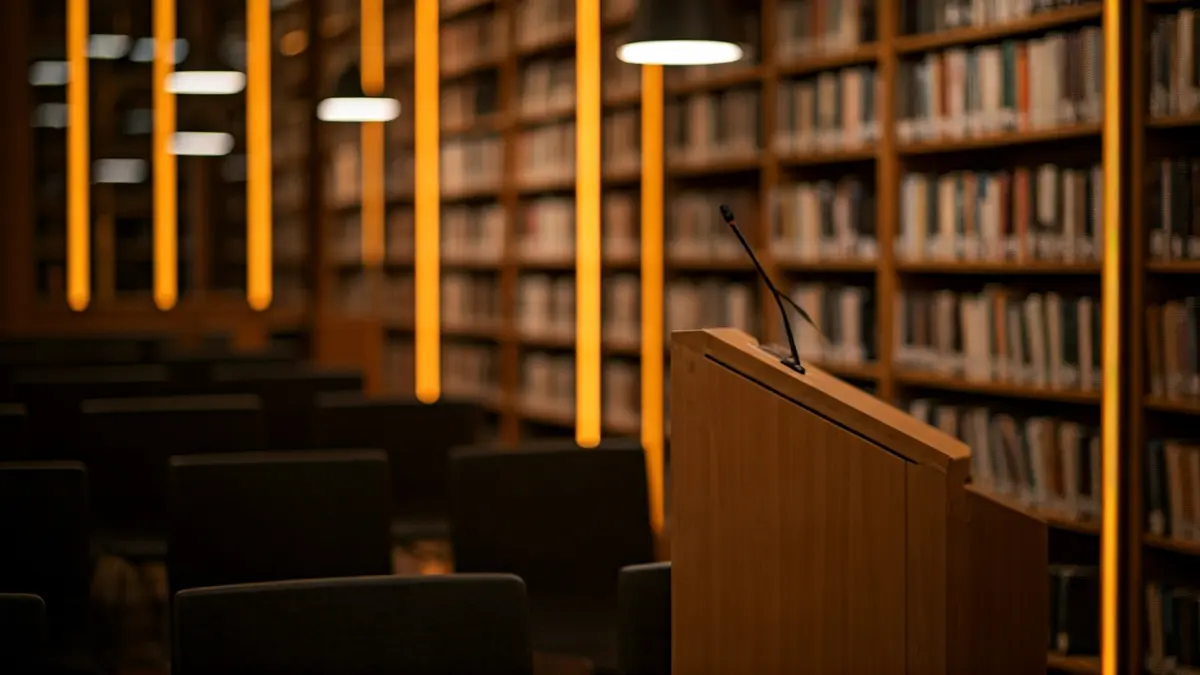 Imaxe xenérica dunha biblioteca con estantes de madeira e un micrófono nun podio.