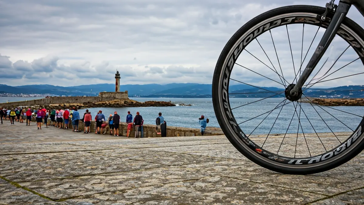 Imagen de una rueda de bicicleta con la Torre de Hércules al fondo, durante una carrera ciclista.