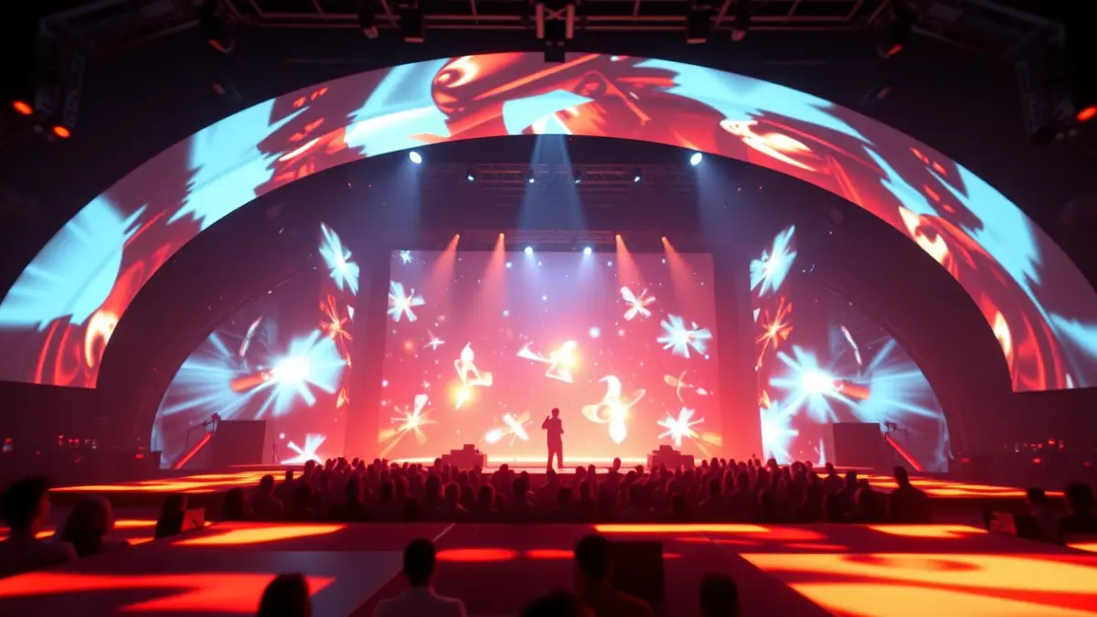 Imaxe xenérica dun escenario virtual con proxeccións inmersivas e luces abstractas.