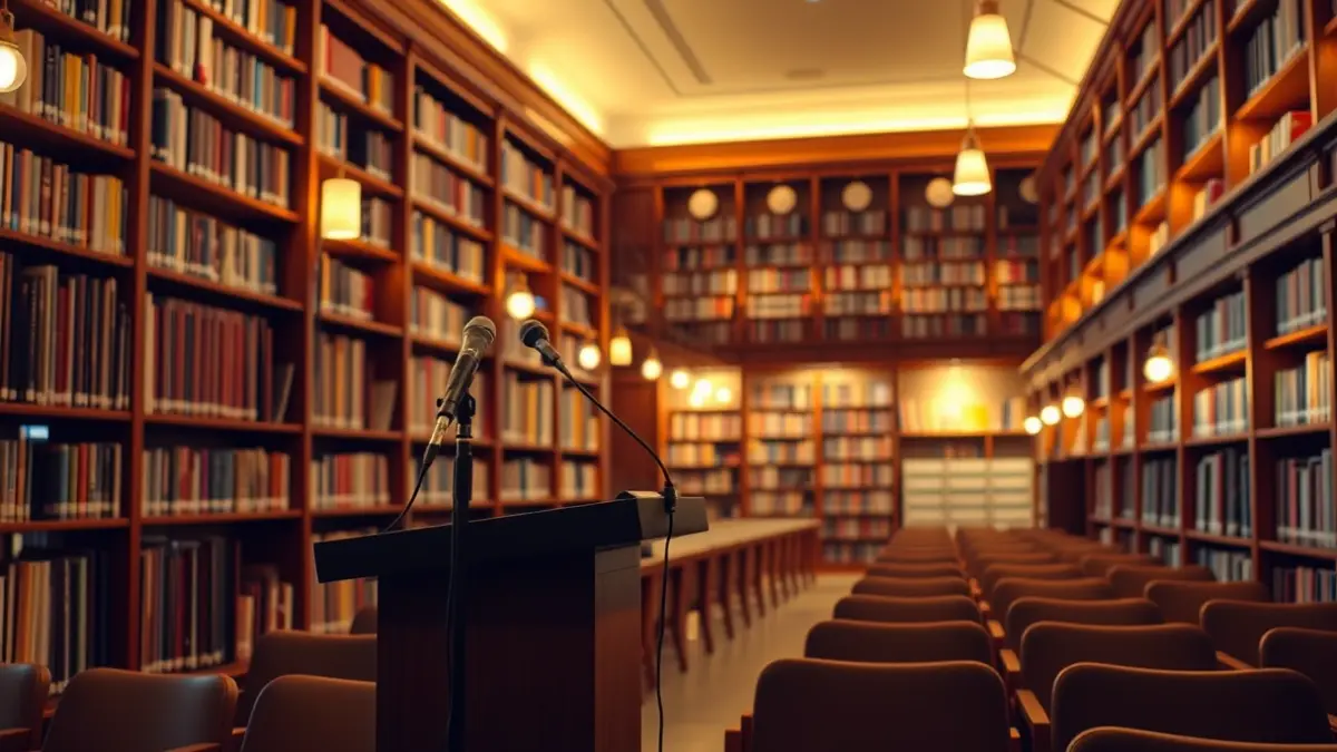 Imaxe xenérica dunha sala de conferencias ou biblioteca.