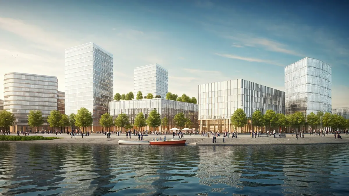 Imagen genérica de una fachada marítima moderna con zonas verdes y edificios.