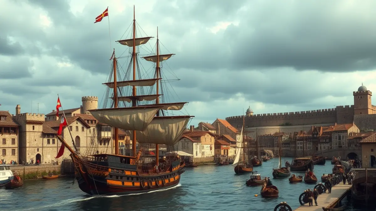 Imaxe dunha frota de barcos históricos chegando a un porto no século XVI.