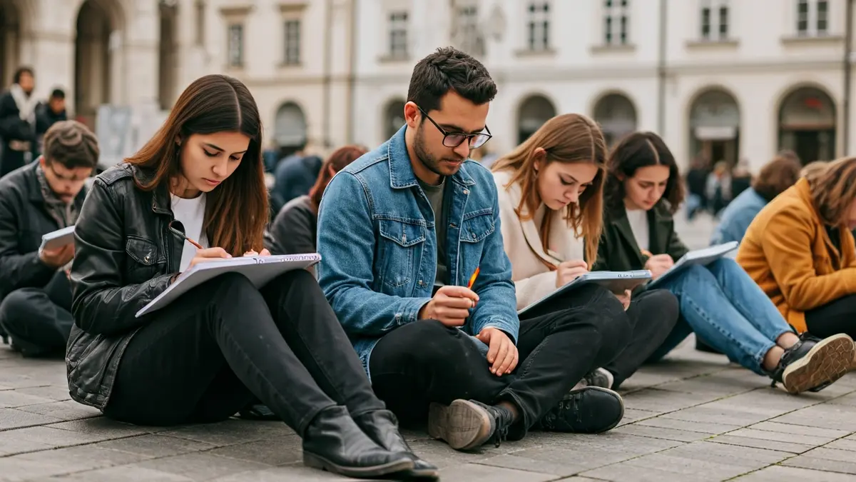 Imagen genérica de personas dibujando al aire libre en una ciudad.