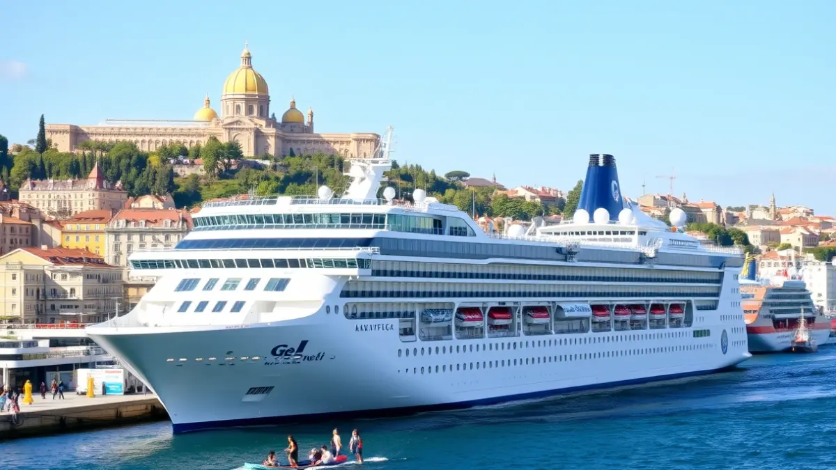 Imaxe dun cruceiro atracado no porto da Coruña, con edificios históricos ao fondo.