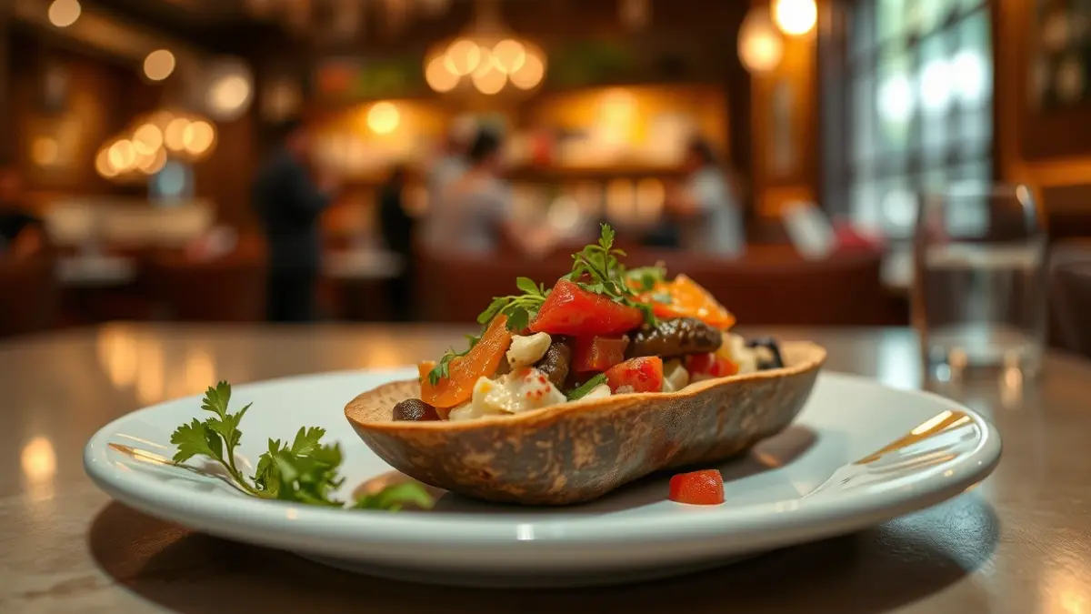 Imaxe dunha tapa gourmet nun prato pequeno, con ingredientes frescos e unha presentación coidada.
