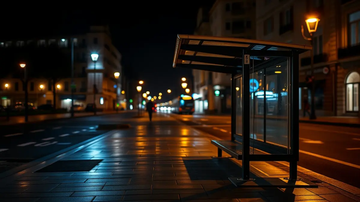 Imaxe xenérica dunha parada de autobús baleira nunha cidade galega pola noite.