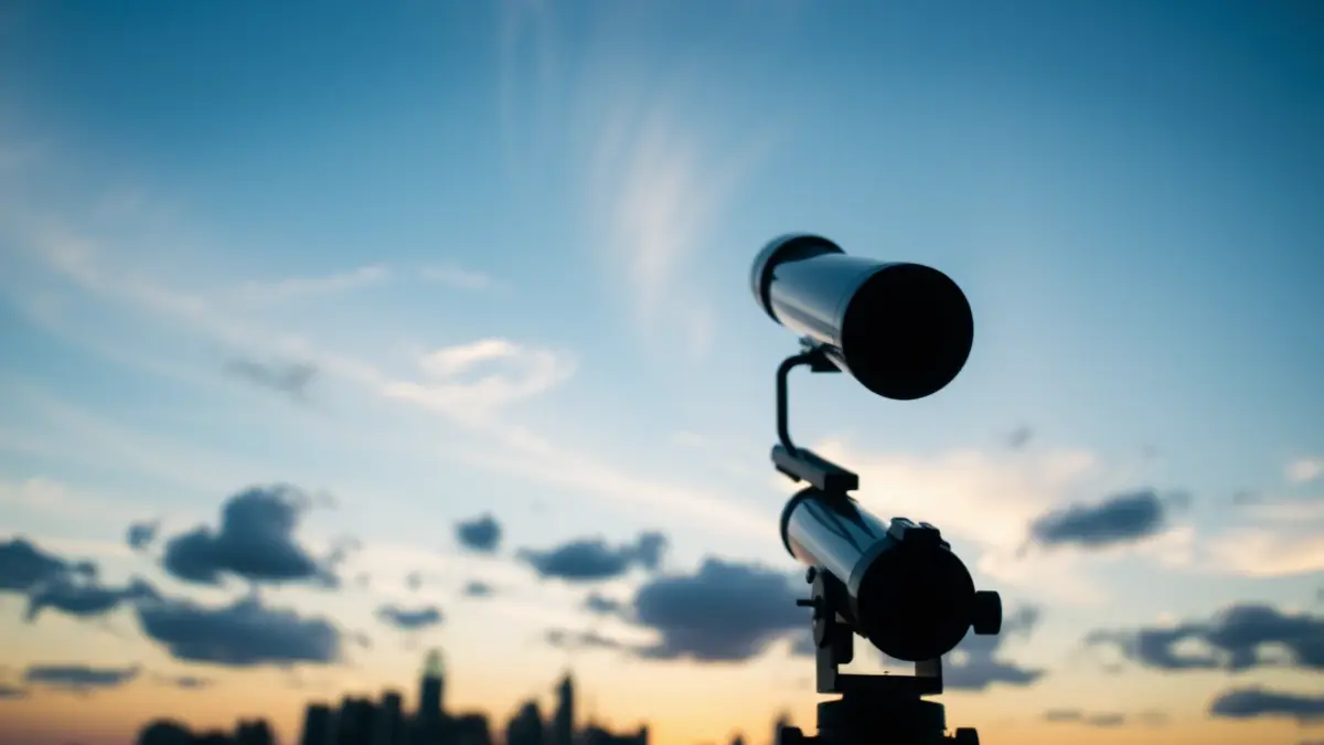 Imaxe dun telescopio apuntando ao ceo ao anoitecer, coa silueta dunha cidade ao fondo.