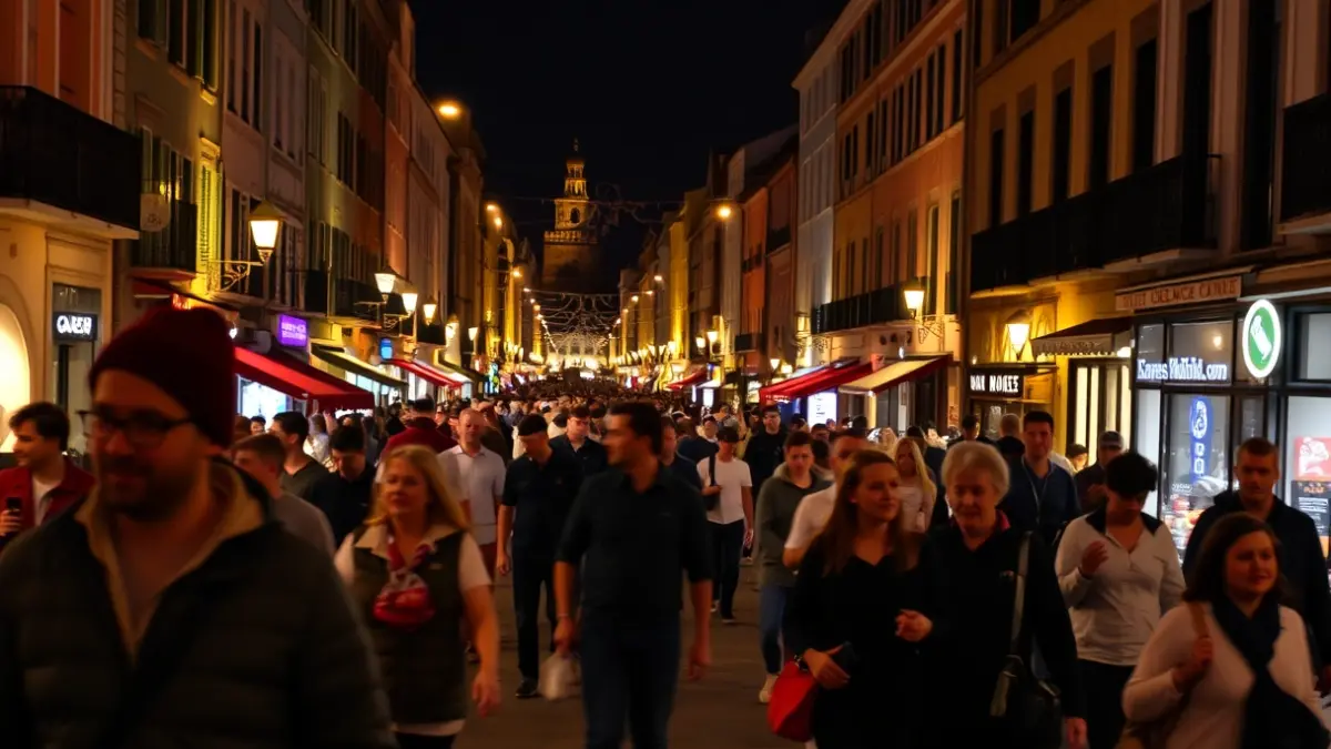 Imagen genérica de una calle animada en una ciudad gallega por la noche, con luces cálidas y ambiente festivo.