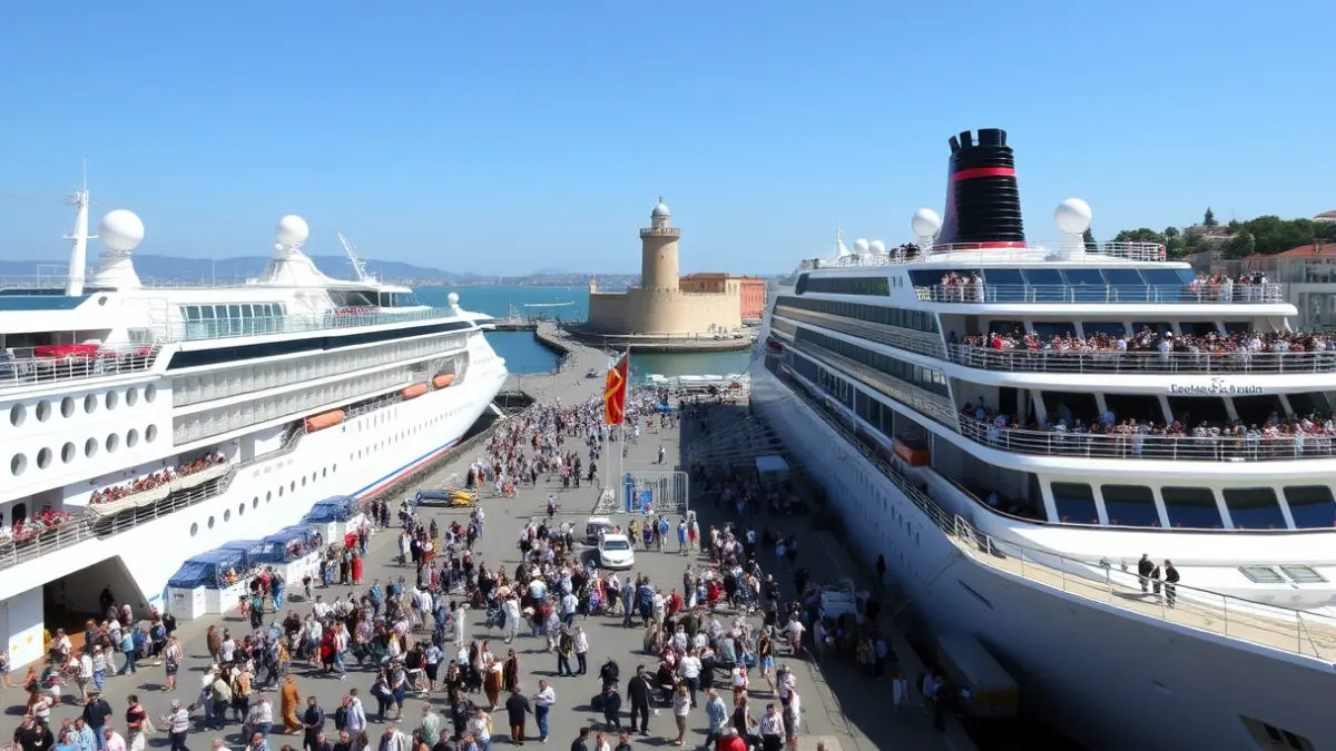 Imaxe do porto da Coruña con cruceiros e xente desembarcando.