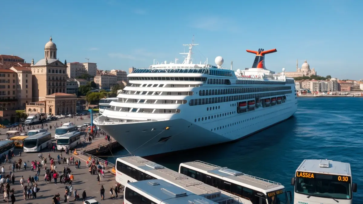 Imagen de un crucero atracado en el puerto de A Coruña con pasajeros desembarcando.