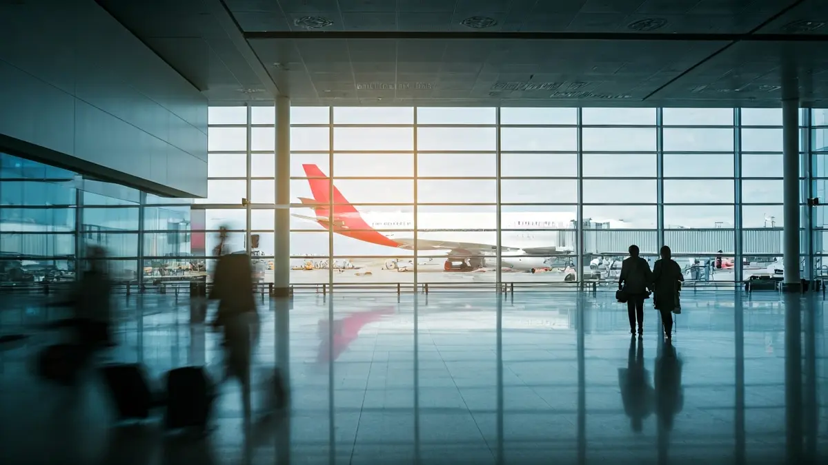 Imaxe xenérica dunha terminal de aeroporto moderna e concurrida.