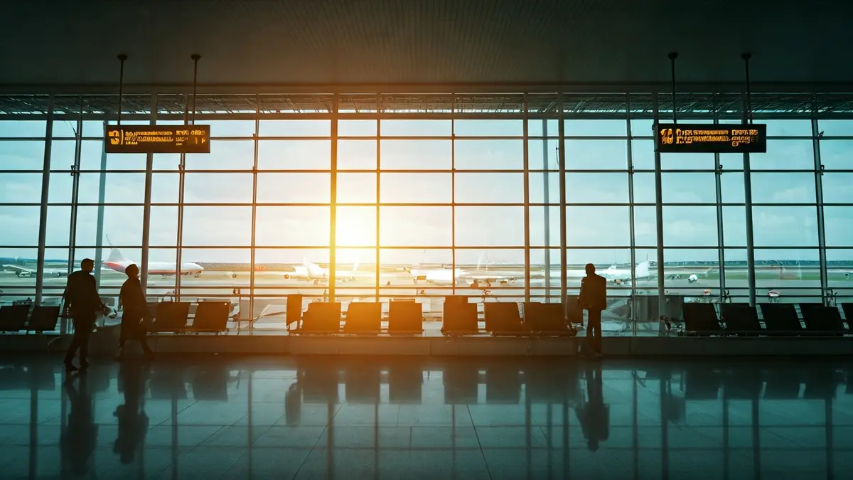 Imaxe do interior dunha terminal de aeroporto con pasaxeiros e avións ao fondo.