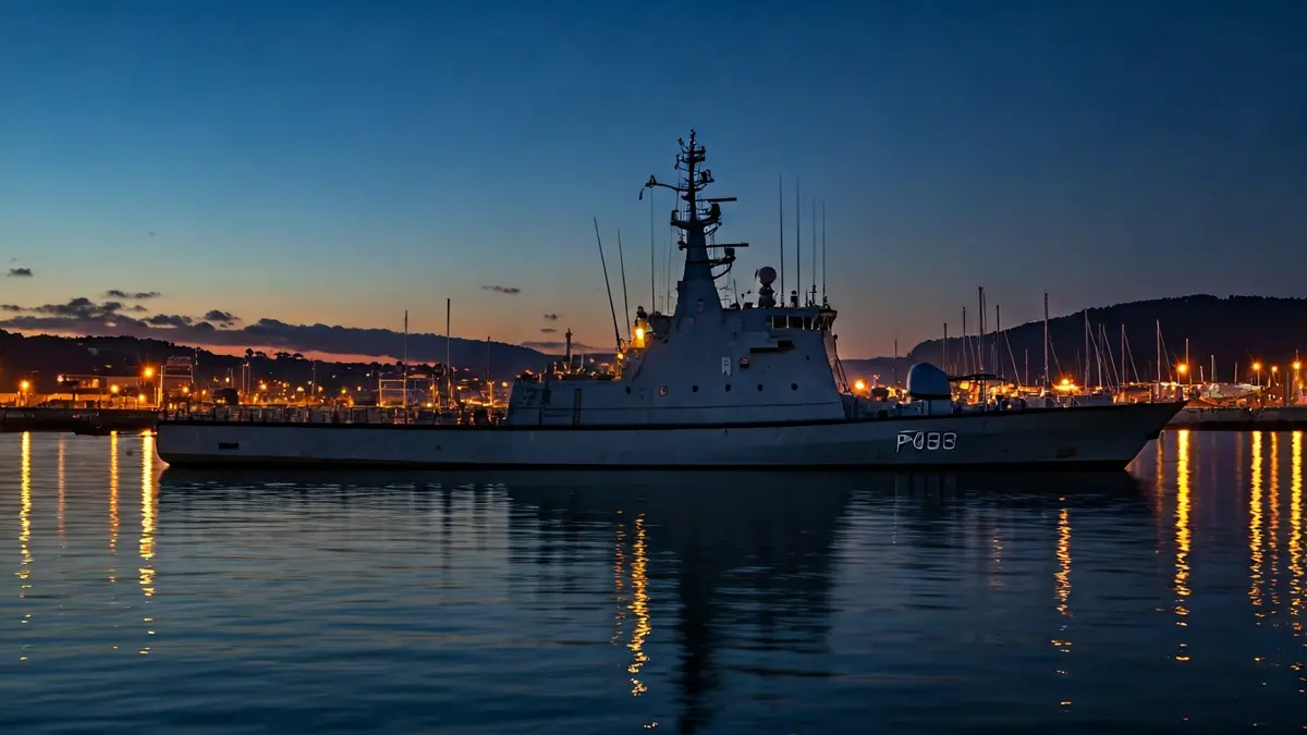 Imaxe xenérica dunha patrulleira atracada nun porto galego ao anoitecer.