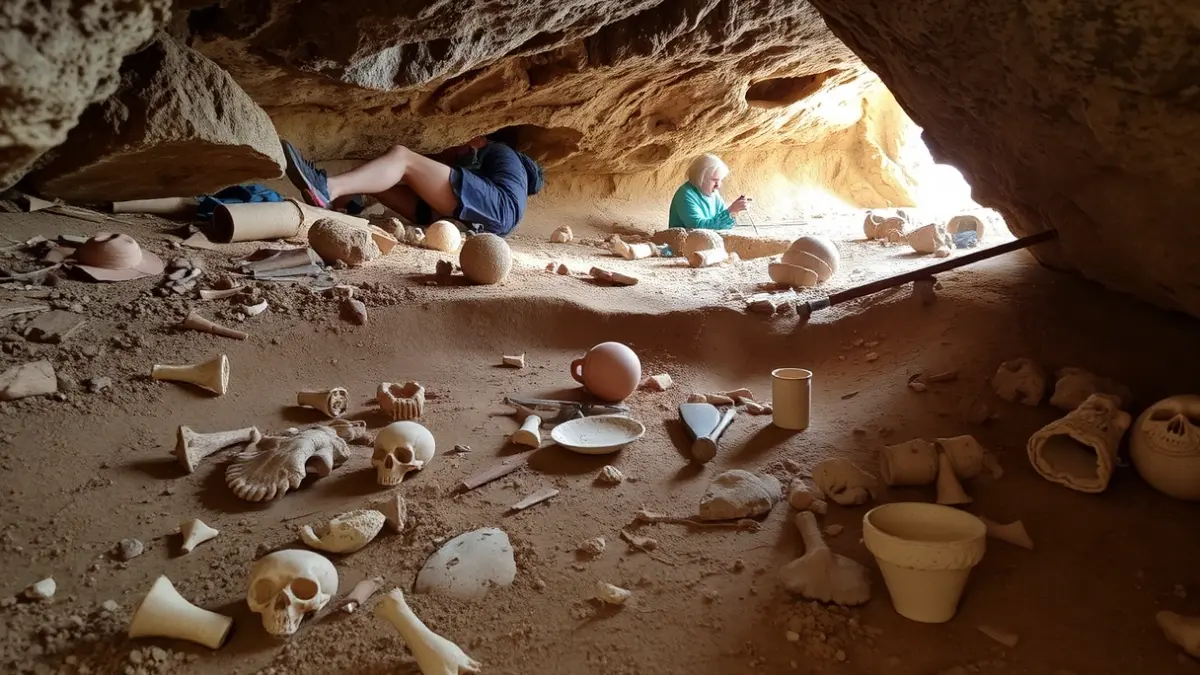 Imagen de un yacimiento arqueológico en una cueva, con restos óseos y cerámicos.