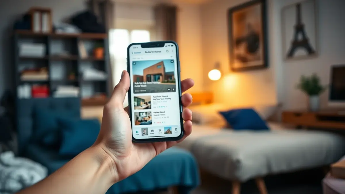 Imagen genérica de un estudiante buscando alojamiento en una aplicación móvil.