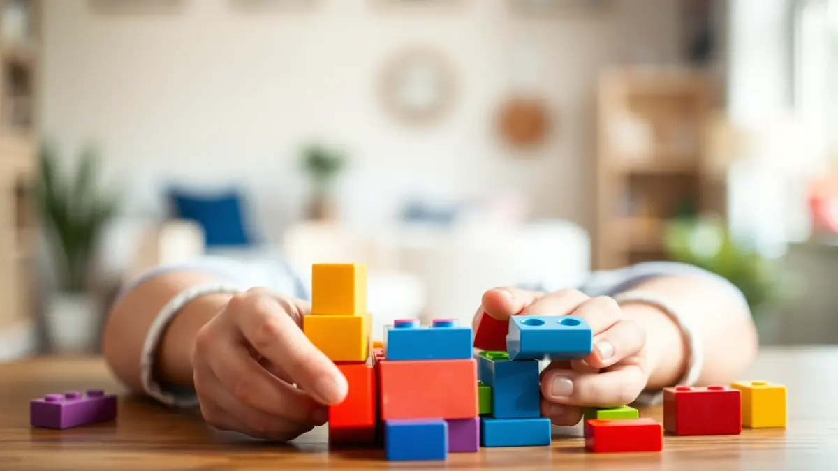 Imaxe xenérica de mans de neno xogando con bloques de cores, simbolizando o desenvolvemento e a aprendizaxe.