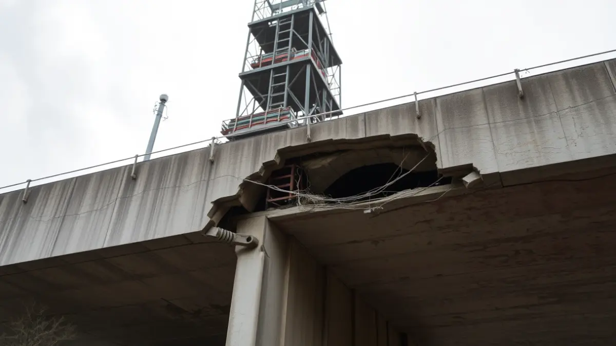 Imaxe dunha ponte en reparación con estruturas metálicas e formigón danado.