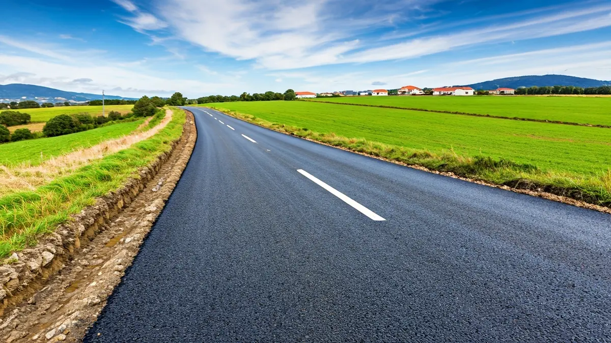 Imaxe dunha estrada rural recentemente mellorada en Galicia, con cunetas abertas e paisaxe verde.